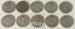 10 Coin Walking Liberty Half Dollar Lot 90% Silver Cull Slick $5 FV 1/2 Roll EA