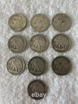 10 Franklin and Walking Liberty Halves Mixed Dates Mint Marks Circulated Lot