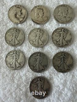 10 Franklin and Walking Liberty Halves Mixed Dates Mint Marks Circulated Lot