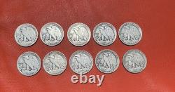 10 Walking Liberty Half Dollars 90% Silver Lot Mixed Dates 1936-1946 One No Date