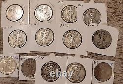 13 Walking Liberty Halfs 1917-1946 90% Silver All Different Dates-Some Key Dates