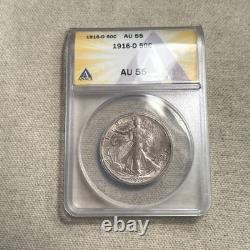 1916-D U. S. 90% Silver Walking Liberty Half Dollar -ANACS AU55