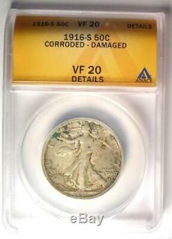 1916-S Walking Liberty Half Dollar 50C ANACS VF20 Details Rare Date Coin