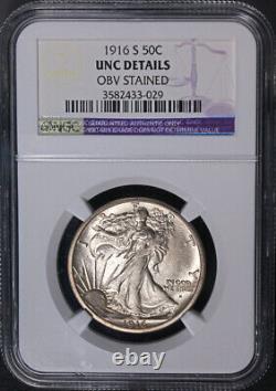 1916-S Walking Liberty Half Obv. Stained NGC Unc Details Key Date Strong Strike