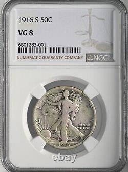 1916-s 50c Walking Liberty Silver Half Dollar Ngc Vg8 #6801283-001