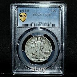 1916-s Walking Liberty Half Dollar Pcgs Vg-10 50c Silver Very Good Trusted