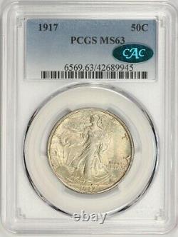 1917 PCGS MS63 CAC Choice BU Walking Liberty Half Dollar Lustrous & Original