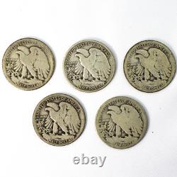 1917 P D D S S Lot of FIVE Walking Liberty Silver Half Dollars 50c Good-Fine G-F