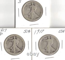 1917-S+D+P Circulated Silver Walking Liberty Half Dollar 3 Coins! (Reverse Types)