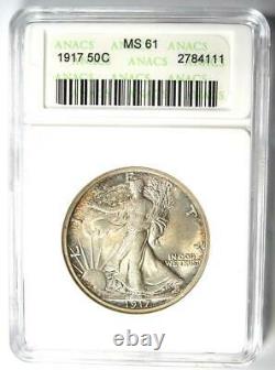 1917 Walking Liberty Half Dollar 50C Certified ANACS MS61 (BU UNC) Rare Date