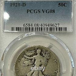 1921-D 50¢ US Walking Liberty Half Dollar Silver Coin PCGS VG08 Denver Key Date