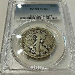1921-D 50¢ US Walking Liberty Half Dollar Silver Coin PCGS VG08 Denver Key Date