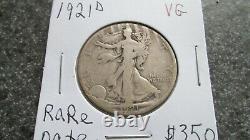 1921'D WALKING LIBERTY SILVER HALF DOLLAR in VERY GOOD condition. RARE DATE