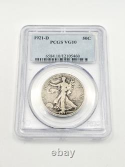 1921-D Walking Liberty Silver Half Dollar 50c PCGS VG10 Key Date