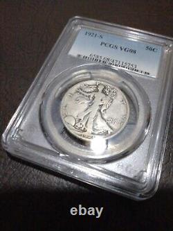 1921-S WALKING LIBERTY HALF DOLLAR 50c SEMI-KEY COIN PCGS VG 8 VERY GOOD