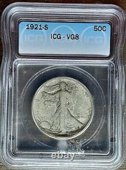 1921 S Walking Liberty Half Dollar. ICG VG-8