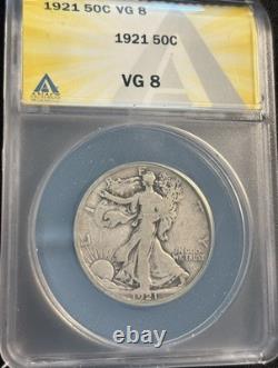 1921 key WALKING LIBERTY silver half dollar. Original beauty. ANACS VG8