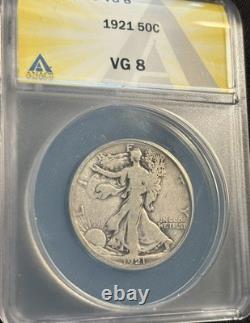 1921 key WALKING LIBERTY silver half dollar. Original beauty. ANACS VG8
