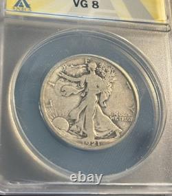1921 key WALKING LIBERTY silver half dollar. Original beauty. ANACS VG8