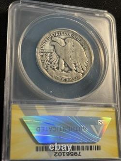 1921 key WALKING LIBERTY silver half dollar. Original beauty. ANACS VG8