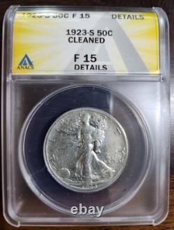 1923-S Walking Liberty Half Dollar ANACS F15 Details Cleaned 90% Silver