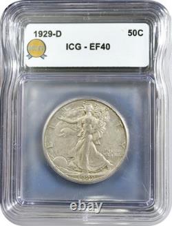 1929 D Walking Liberty Half Dollar 50C ICG EF40 Extra Fine