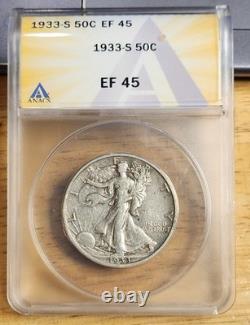 1933-S Walking Liberty Silver Half Dollar 50C ANACS EF 45 straight grade