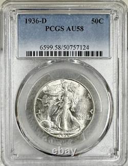 1936 D Walking Liberty Silver Half Dollar Pcgs Au58 Classic Blue Label