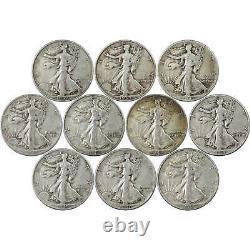 1937-1947 Liberty Walking Half Dollar 10 Coin Set AG 90% Silver 50c with Folder