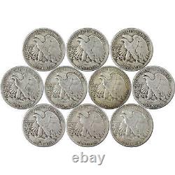 1937-1947 Liberty Walking Half Dollar 10 Coin Set AG 90% Silver 50c with Folder