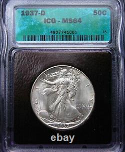 1937 D Walking Liberty Half Dollar Icg Ms 64 Pq For The Grade And Looks Gem