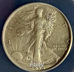 1938 D Walking Liberty Half 50C ANACS EF45, Rare and Very Low Mintage