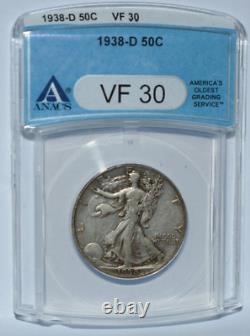 1938-D Walking Liberty Half Dollar ANACS VF 30 50c 90 % Silver