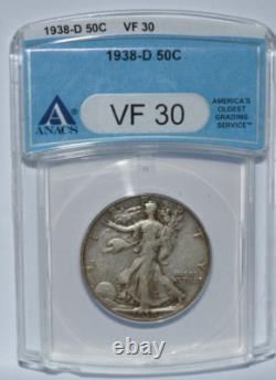 1938-D Walking Liberty Half Dollar ANACS VF 30 50c 90 % Silver