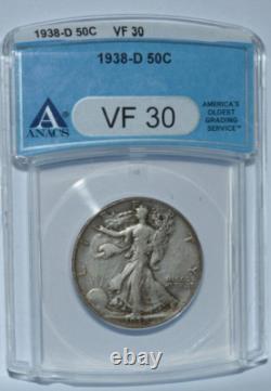 1938-D Walking Liberty Half Dollar ANACS VF 30 50c 90 % Silver
