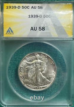 1939-D. AU58. Walking Liberty Half Dollar. ANACS Graded