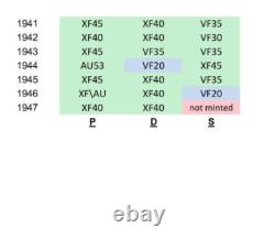 1941-1947 Walking Liberty Half Dollar, Complete Whitman Book, VF(7), XF(12), AU(1)