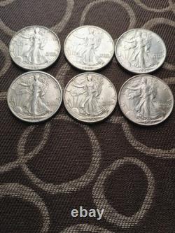 1941 D, 42 P, 43 P, 44 S, 45 P, 47 P, AU Silver WALKING LIBERTY HALF LOT OF 6