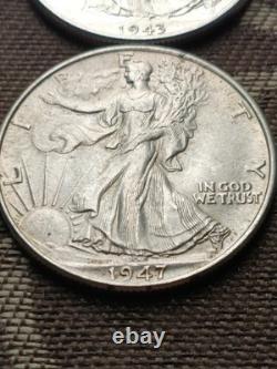 1941 D, 42 P, 43 P, 44 S, 45 P, 47 P, AU Silver WALKING LIBERTY HALF LOT OF 6