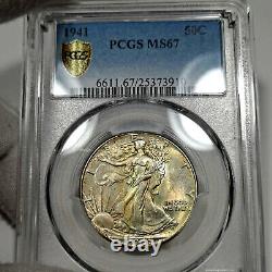 1941 P MS67 Walking Liberty Half Dollar 50c, PCGS Graded, Earthy Tone with Color