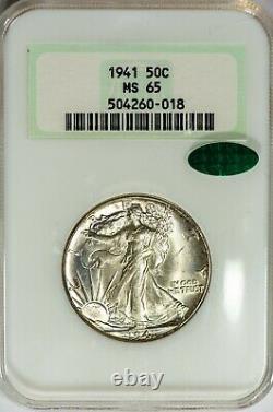 1941 Walking Liberty NGC MS65 CAC-Verified Silver Half Dollar Gem, Old Holder