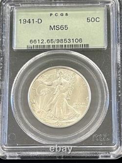 1941-d Walking Liberty Silver Half Dollar Graded Pcgs Ms65