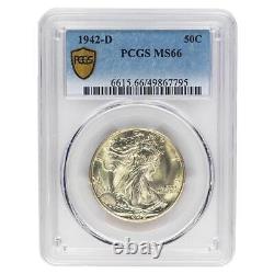 1942-D Walking Liberty Half Dollar 50c, PCGS MS66 Nice White Coin