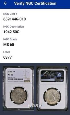 1942 NGC MS 65 Walking Liberty Half Dollar MS65 50c Beautiful Walker Silver Coin