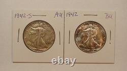 1942 P & S WALKING LIBERTY HALVES 2 AU UNCIRCULATED SILVER 50C Coins