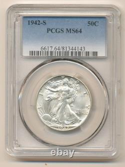 1942 S Walking Liberty Silver Half Dollar Pcgs Ms64
