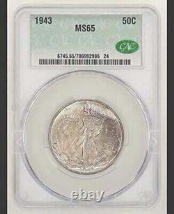 1943 50C CAC MS 65 90% Silver Walking Liberty Half Dollar Obverse Toning