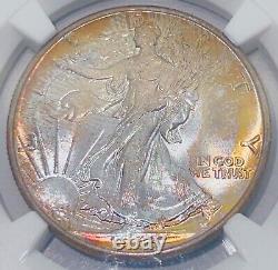 1943 50C NGC MS65 Walking Liberty Silver Half Dollar Incredible Rainbow Toning