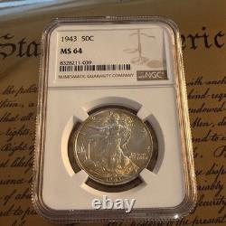 1943 50C Walking Liberty Half Dollar NGC MS64 90% Silver WWII Era Rim Toning