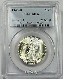 1943-D PCGS MS 67 UNC BU Silver Walking Liberty 50c Half Dollar US Coin #21715A